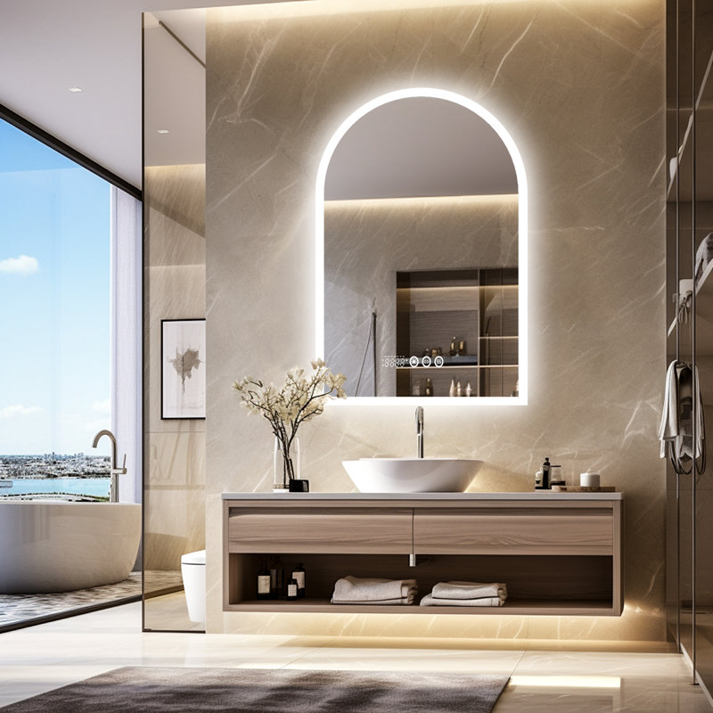 Beveled LED Backlit Bathroom Mirror with Lights, Date & Time Display,  Anti-fog, Dimmable, Memory Function, Shatterproof IP56